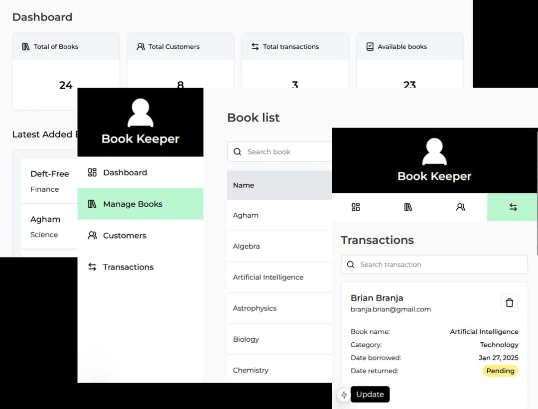 Screenshots of dashboard and other pages